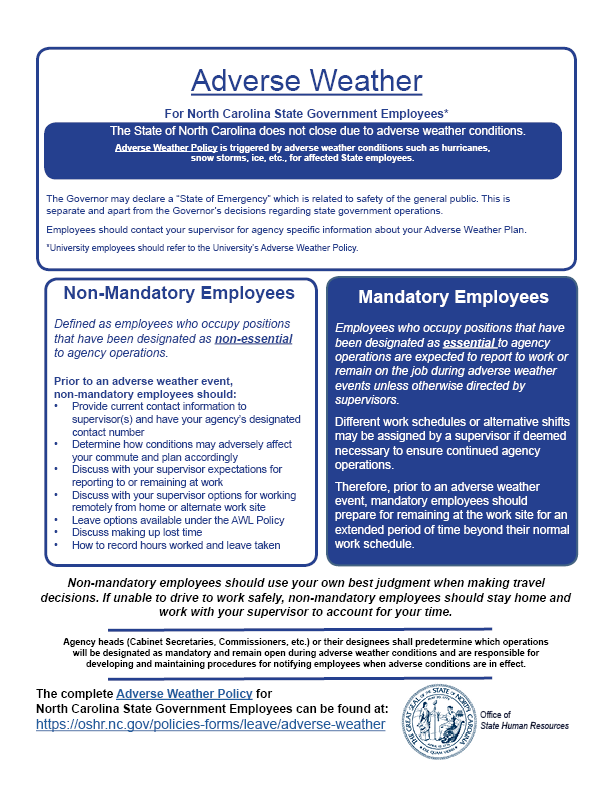 Adverse Weather Guide for State Employees NC Office of Human Resources